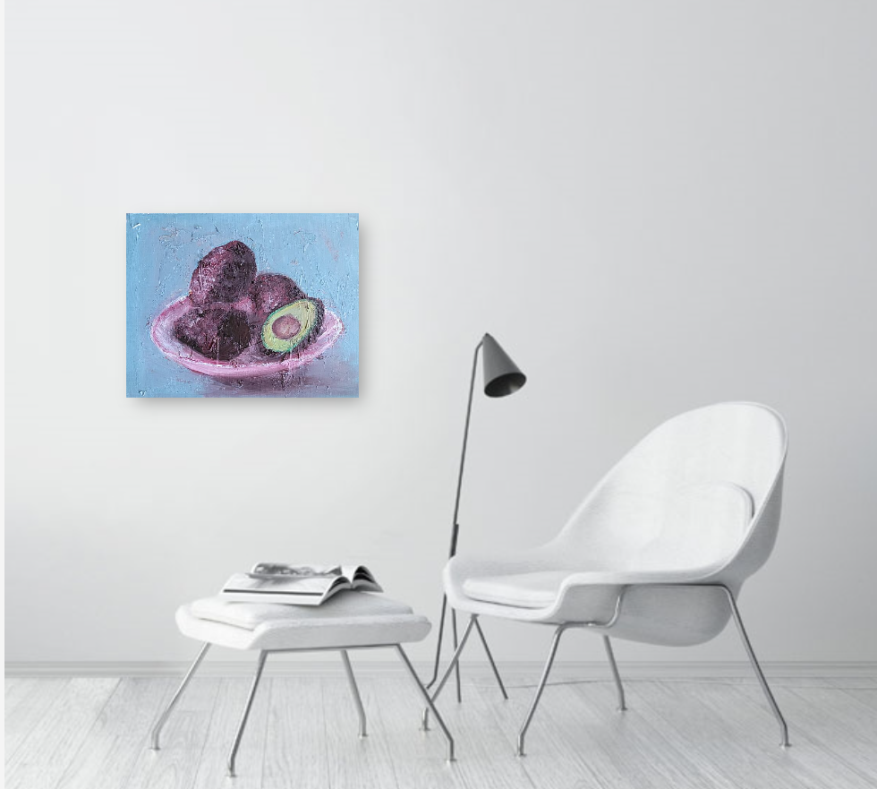 Avocadi su un dipinto ad olio piatto rosa