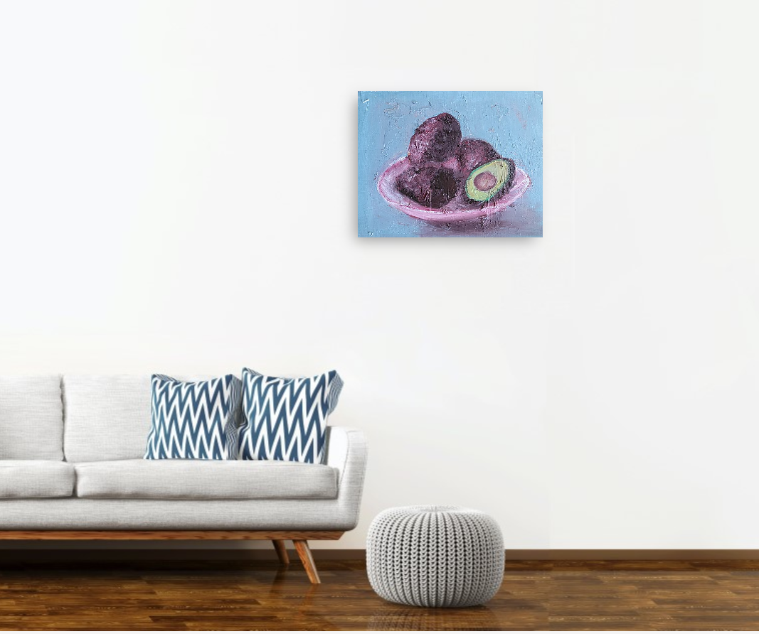 Avocadi su un dipinto ad olio piatto rosa