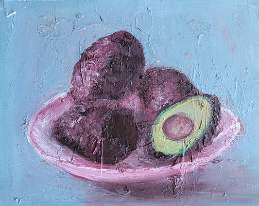 Avocados on a pink plate oil painting