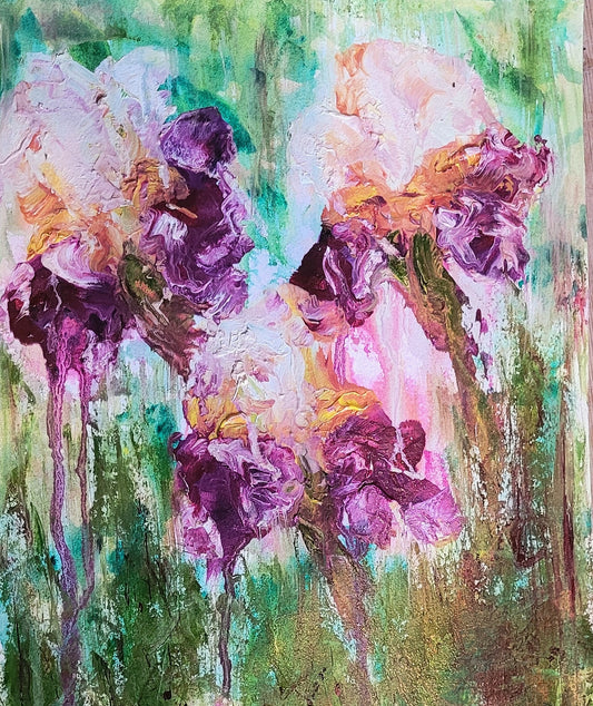 Oil painting of 3 iris flowers against an abstract green background