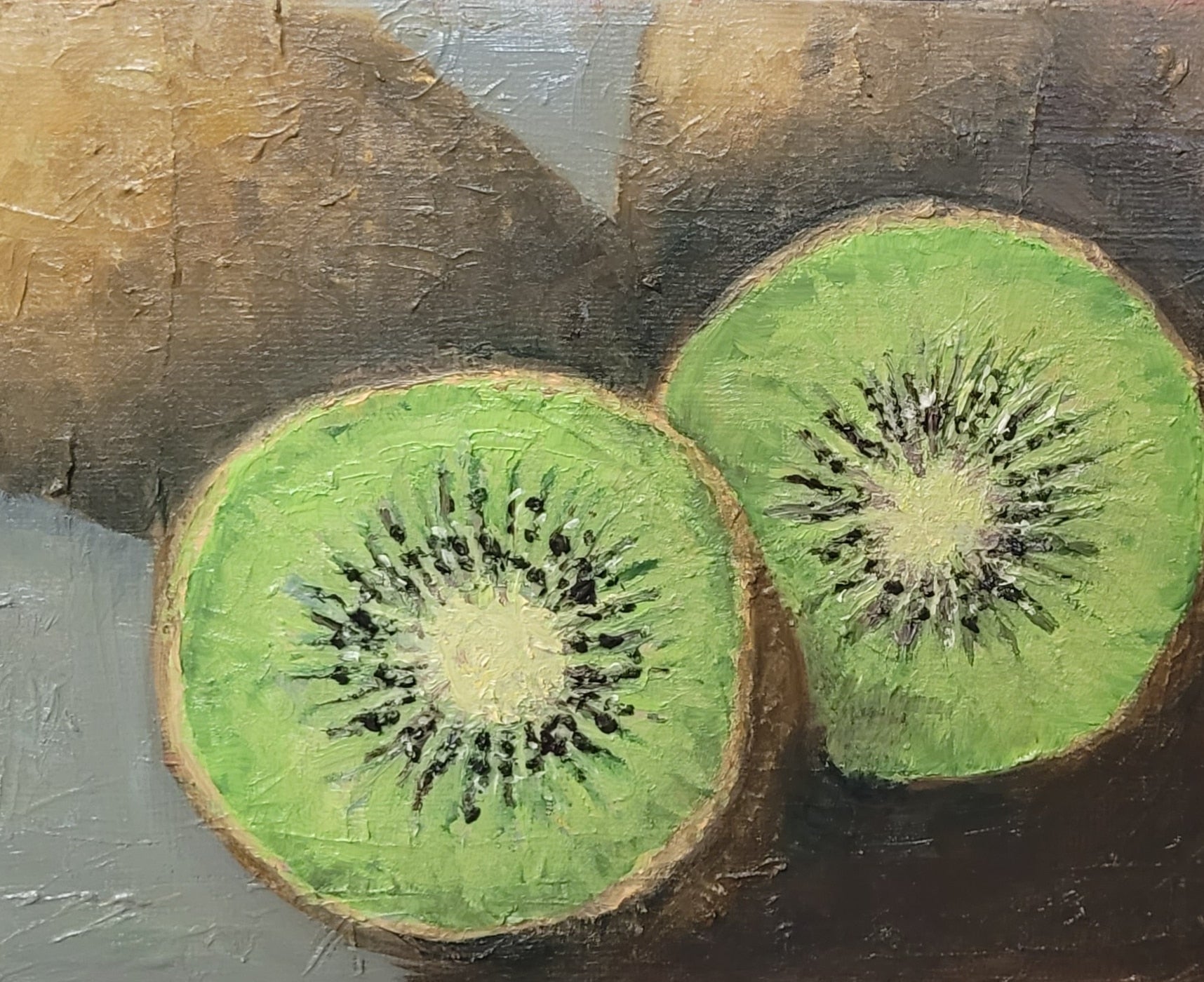 an oil painting of cut kiwi fruit on a textured background