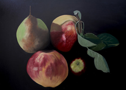 Original oil painting on canvas of 2 large apples - 1 with leaves, 1 pear, and one small apple against a black background.