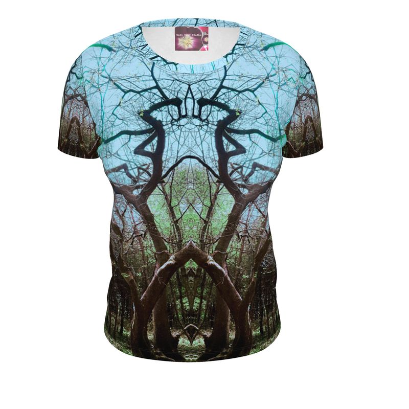Tree Majesty Ladies Fitted Designer Blue T Shirt Artist Designed Nature Print