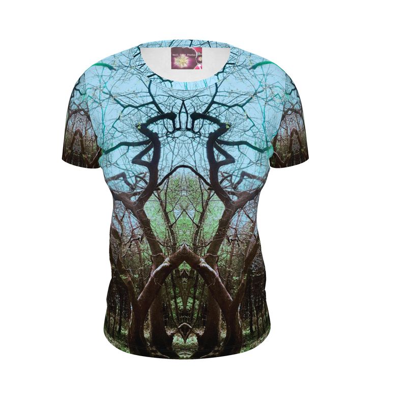 Tree Majesty Ladies Fitted Designer Blue T Shirt Artist Designed Nature Print