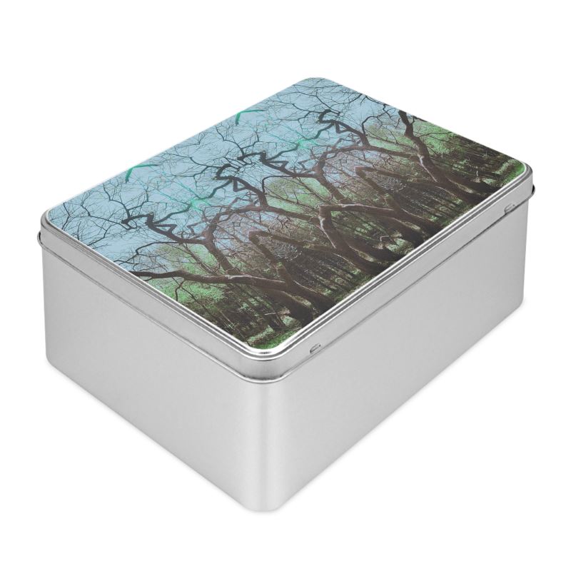 Biscuit tin with original tree artwork lid. Designer art tin.