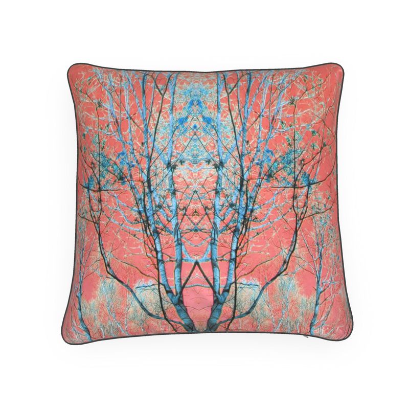 Designer tree inspired cushion. Pinks, blues. Soft and velvety.