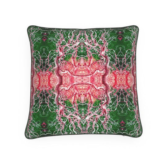 Coussin design cosy vert et rose frisé noisette