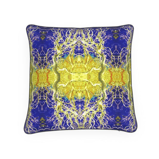 Blue and yellow curly hazel cosy designer cushion