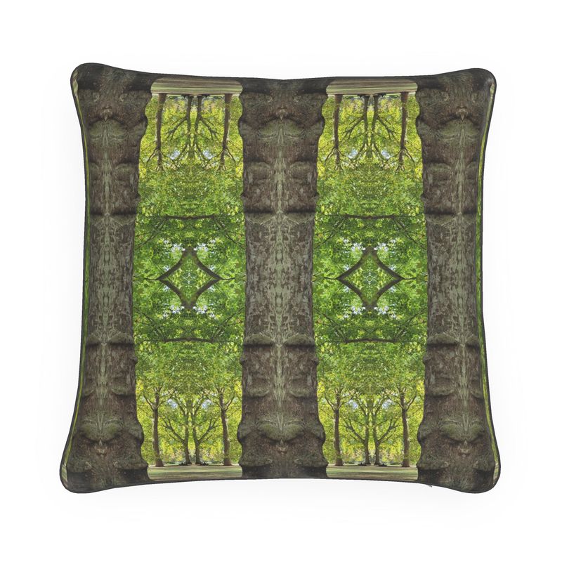 Soft natural Green Tree Architecture Cushion. Designer Homeware